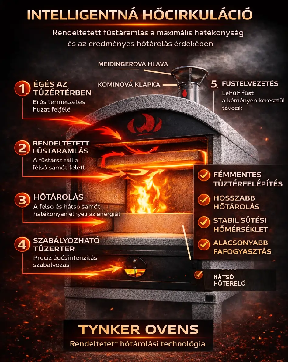 Hőtároló fatüzelésű kemence működése, ahol a hő a szerkezet tömegében is eltárolódik