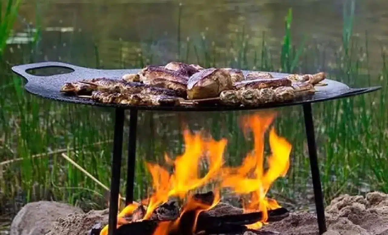 grillező tárcsa nyílt tűz felett a természetben, előkészített hússal