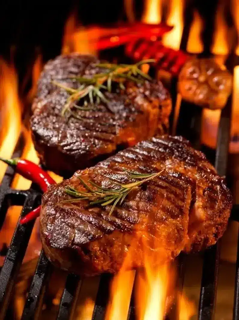 marhasteakek grillezése nyílt tűz felett izzó rostélyon