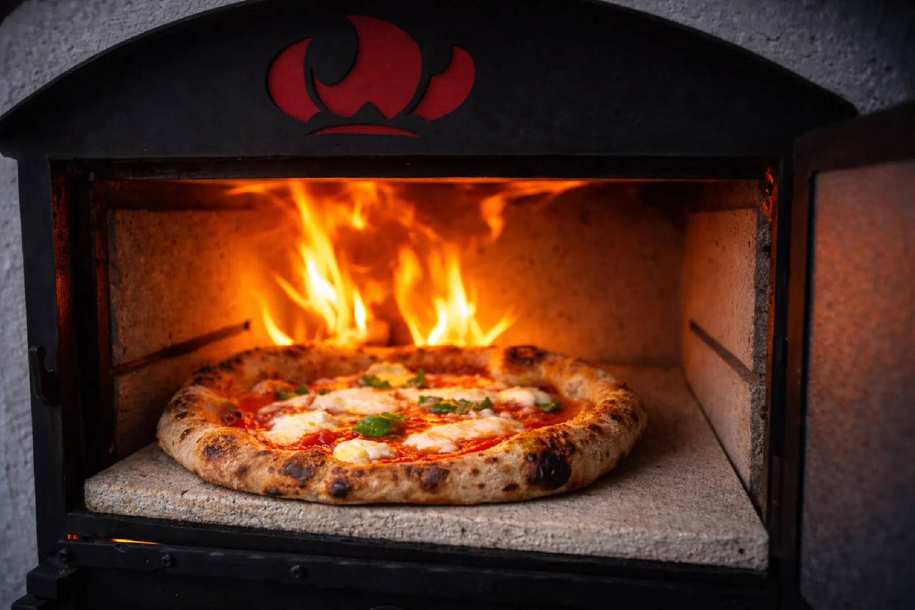 Pizza sütése Tynker fatüzelésű kemencében magas, gyors sütési hőfokon